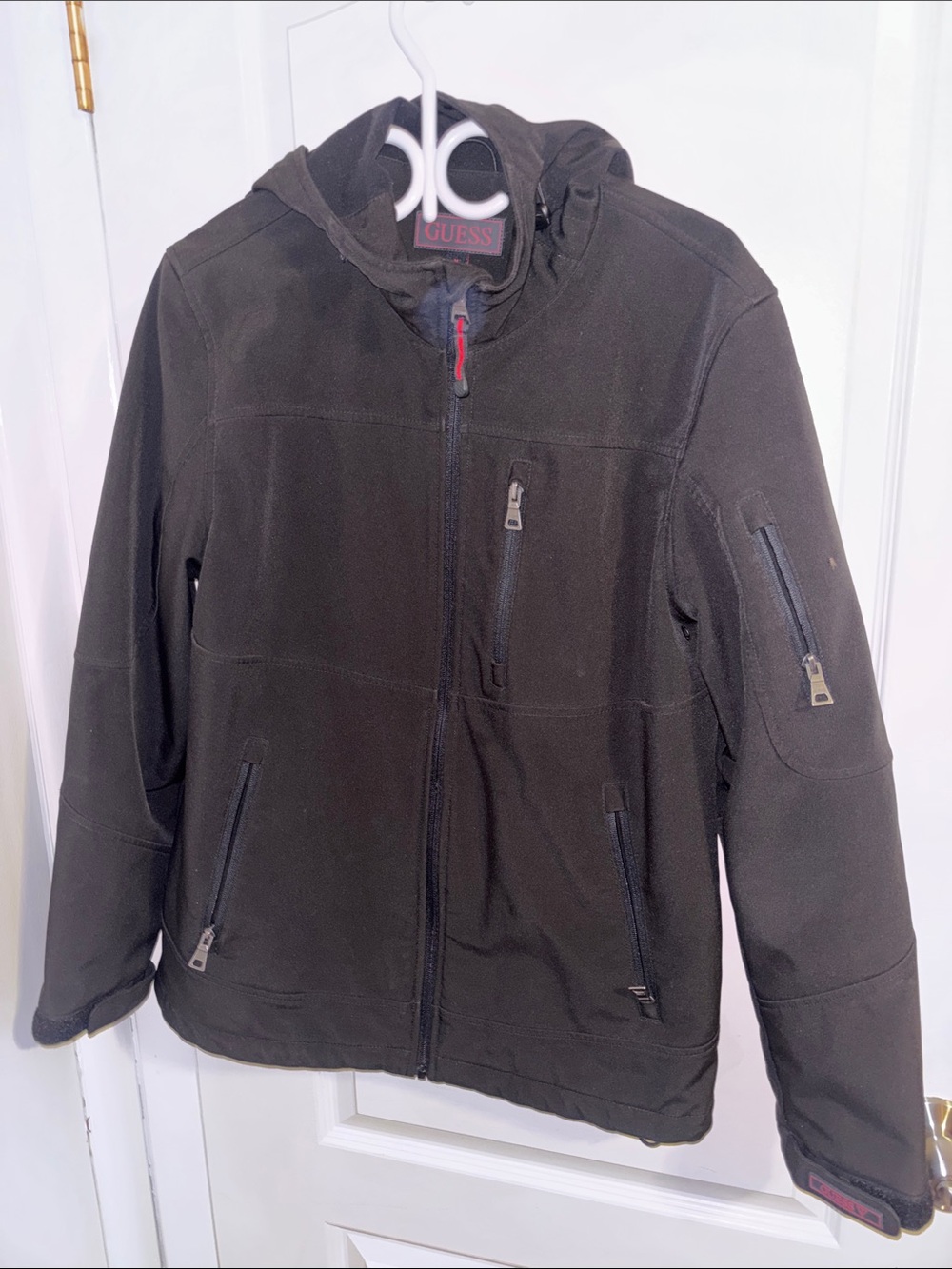 Guess Men's Dark Brown Hooded Performance Jacket with Zip Pockets